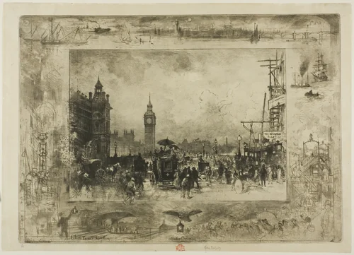 Westminster Clock Tower by Félix Hilaire Buhot, print, 1884