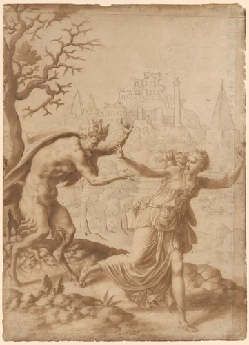 A Satyr Pursuing a Nymph by anonymous, drawing, 1545-1580