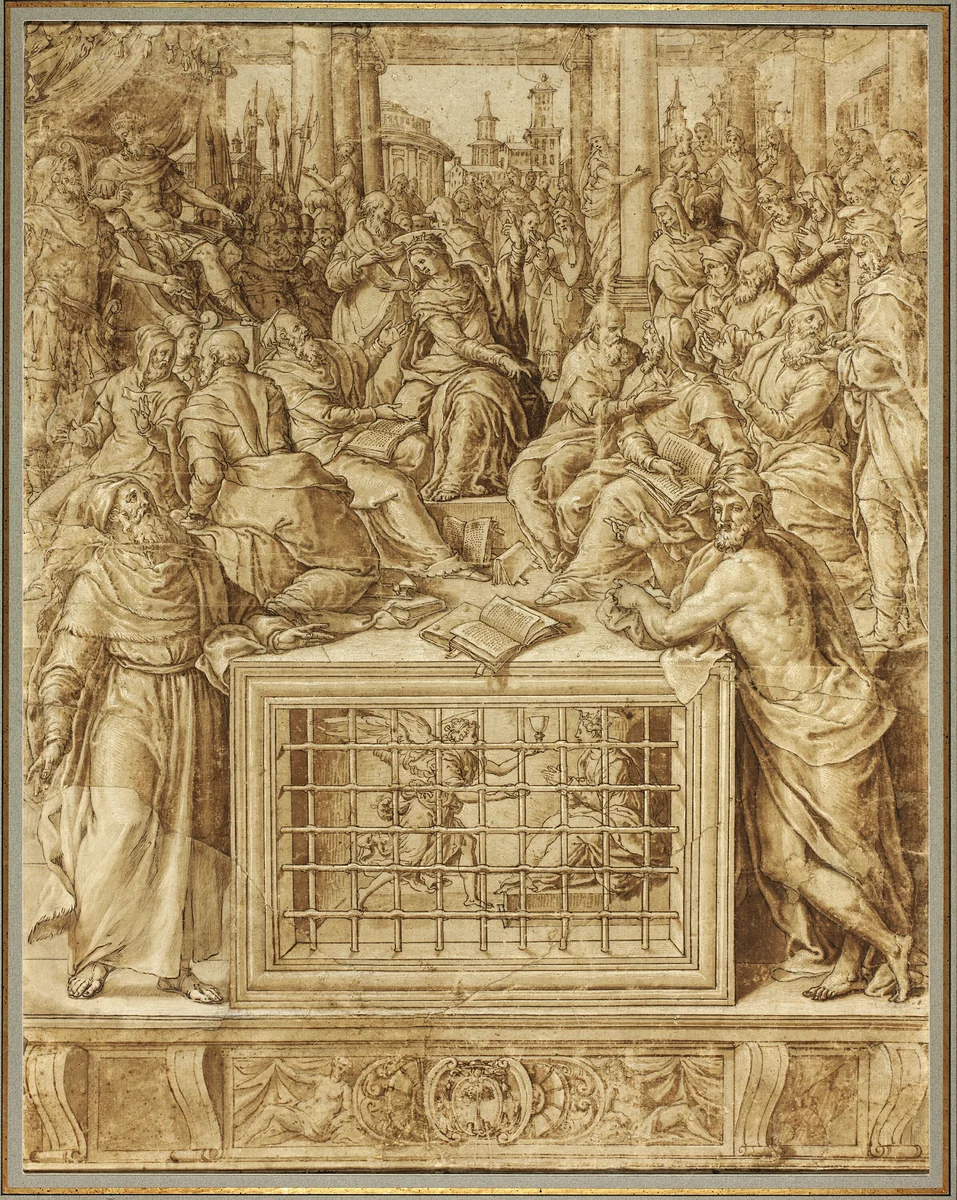 Saint Catherine Disputing with the Philosophers by Livio Agresti, drawing, 1562-1563