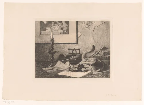 Spelende kat knoeit een inktpot over tafel by Eduard van den Bosch, print, 1870-1880