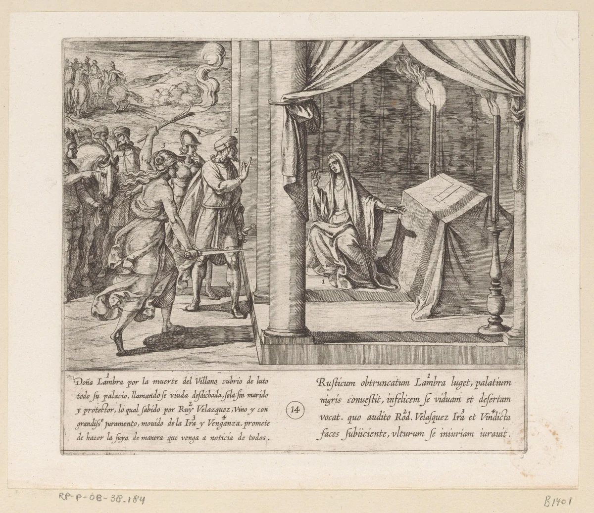 Ruy Velazquez belooft doña Lambra dat hij de dood van de dorpeling zal wreken by Antonio Tempesta, print, 1612
