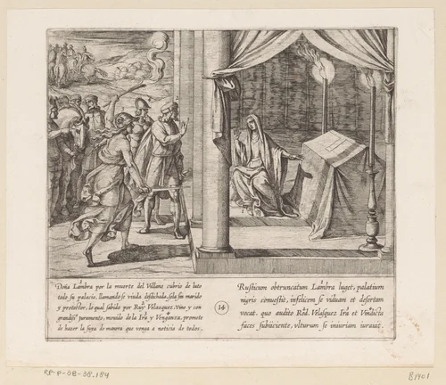 Ruy Velazquez belooft doña Lambra dat hij de dood van de dorpeling zal wreken by Antonio Tempesta, print, 1612