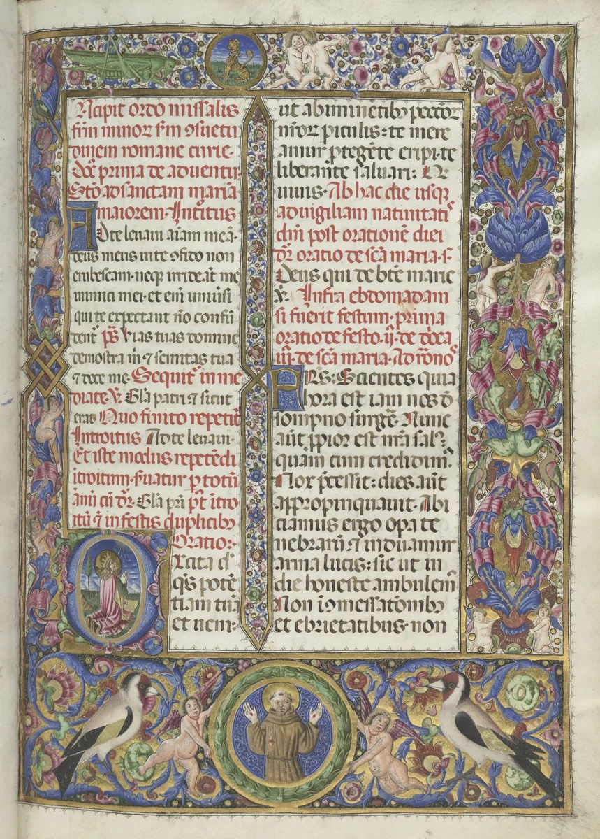 Missale: Fol. 9: Ordo Missalis (full borders) by Bartolommeo Caporali, book, 1469