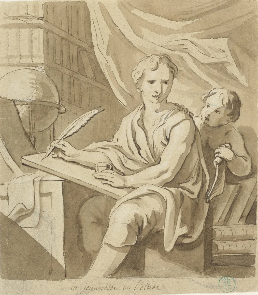 Jongeman in studievertrek by anonymous, drawing, 1700-1800