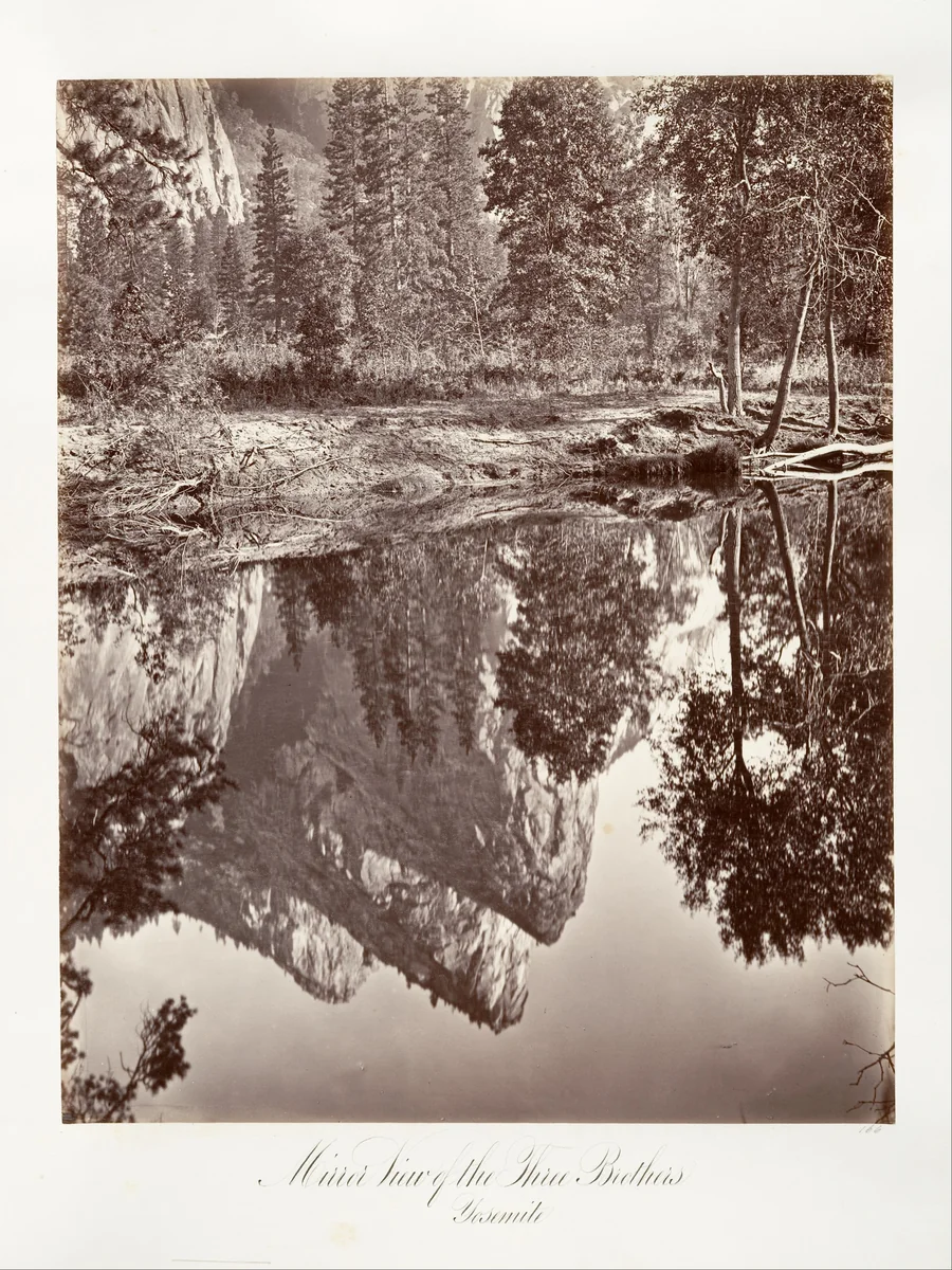 Mirror View of the Three Brothers, Yosemite by Carleton E. Watkins, photograph, 1870-1874