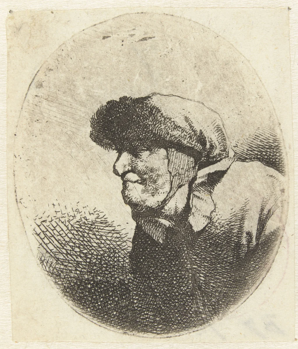 Buste van een oude vrouw, en profil by Cornelis Pietersz. Bega, print, 1642-1664
