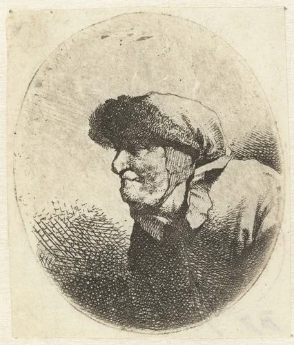 Buste van een oude vrouw, en profil by Cornelis Pietersz. Bega, print, 1642-1664