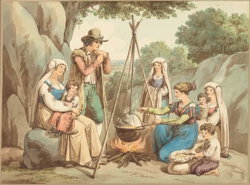 A Peasant Family Cooking over a Campfire by Bartolomeo Pinelli, drawing, 1781-1835