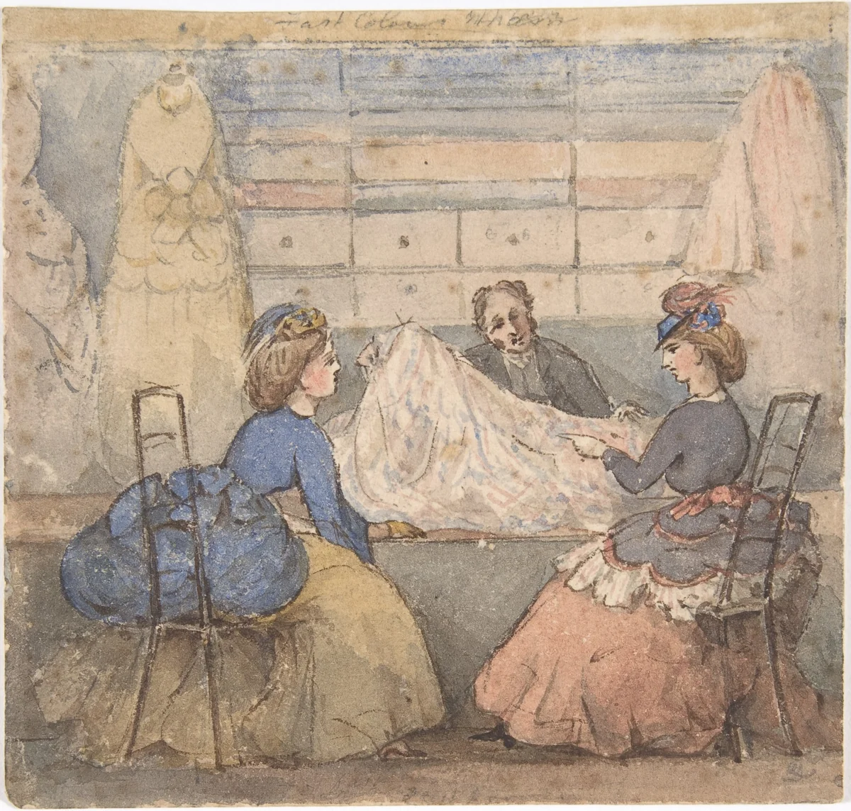 Two Women Looking at Fabric in a Shop by anonymous, drawing, 1800-1899