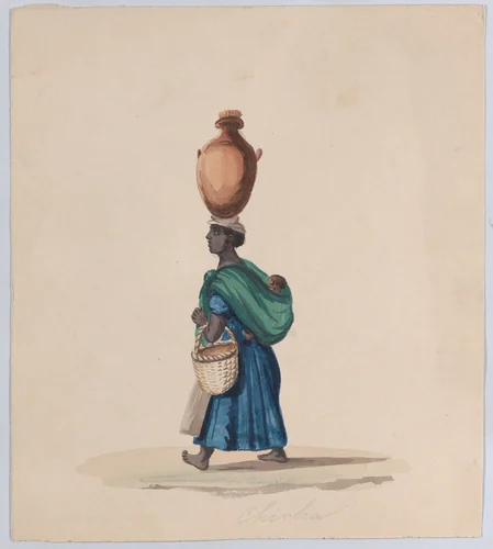 A woman carrying a vessel on her head and a child on her back, from a group of drawings depicting Peruvian dress by Francisco Fierro, drawing, 1843-1853