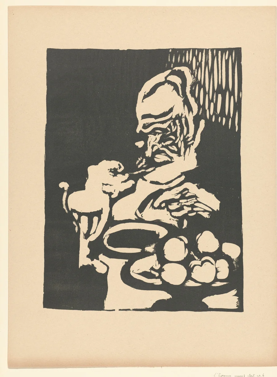 Man eet aan tafel waarop glas en schaal met fruit staan by Louis Valtat, print, 1893-1895