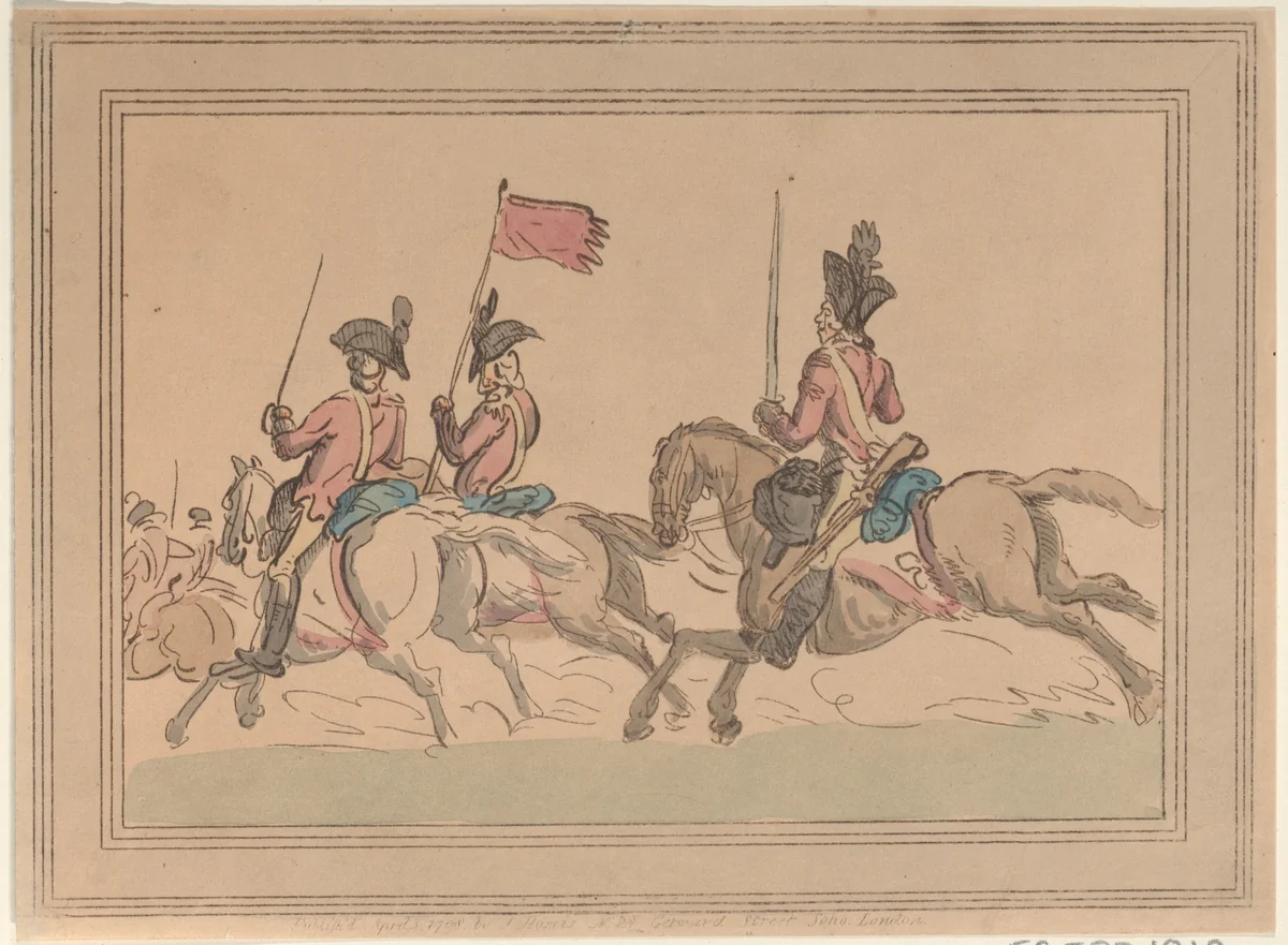 Five Cavalrymen Riding with a Standard by Thomas Rowlandson, print, 1787