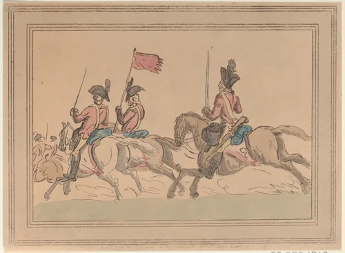 Five Cavalrymen Riding with a Standard by Thomas Rowlandson, print, 1787