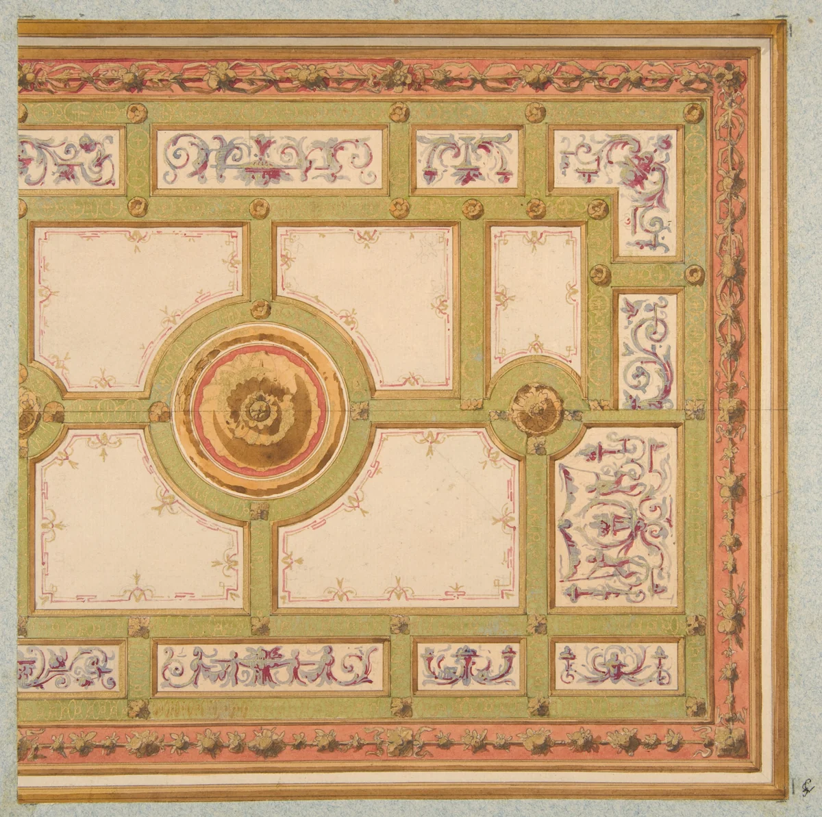 Alternative designs for the painted decoration of a ceiling by Jules-Edmond-Charles Lachaise, drawing, 1820-1897