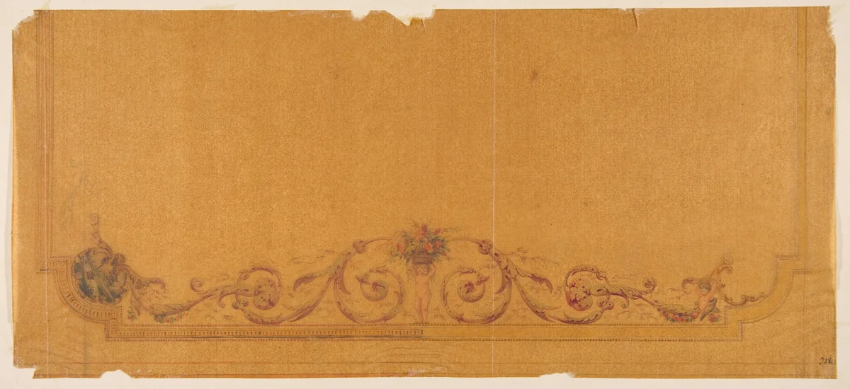 Design for decorative border to a ceiling with a putto carrying a basket of flowers by Jules-Edmond-Charles Lachaise, drawing, 1830-1897