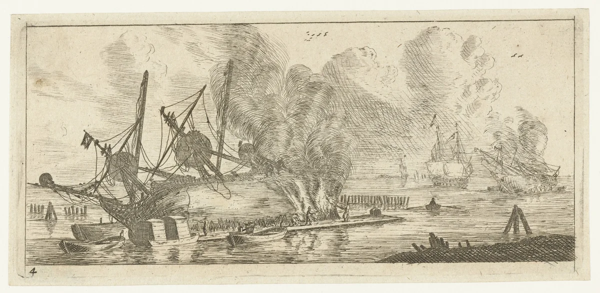 Waterdichtmaken van de romp van een schip by Reinier Nooms, print, 1651-1652
