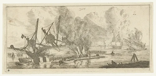 Waterdichtmaken van de romp van een schip by Reinier Nooms, print, 1651-1652