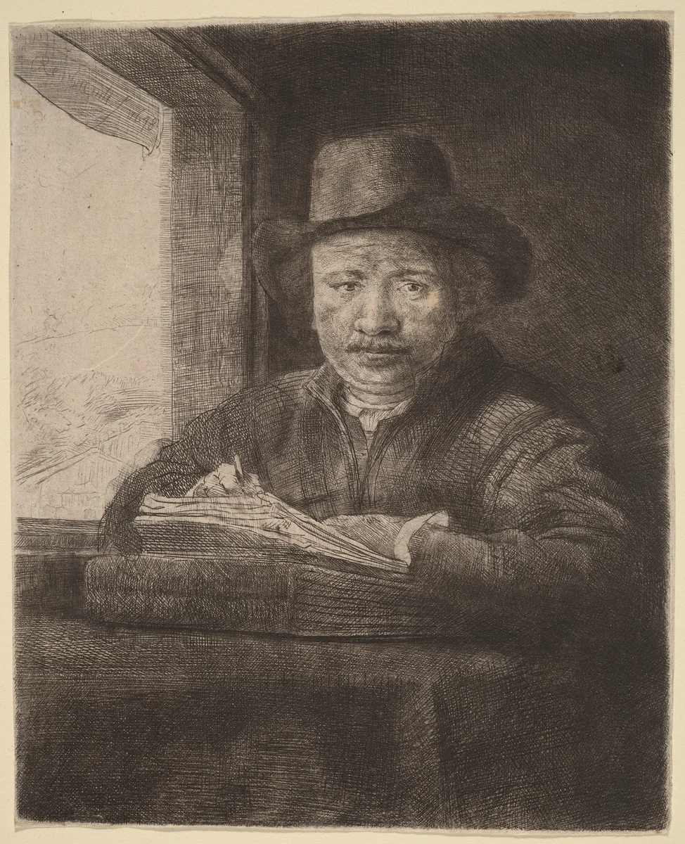Self-Portrait Drawing at a Window by Rembrandt van Rijn, print, 1648