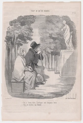 --No matter what one says, old things are always beautiful. --Yes, my dear, but only in marble., from 'As you like it,' published in Le Charivari, January 21, 1850 by Honoré Daumier, print, 1850