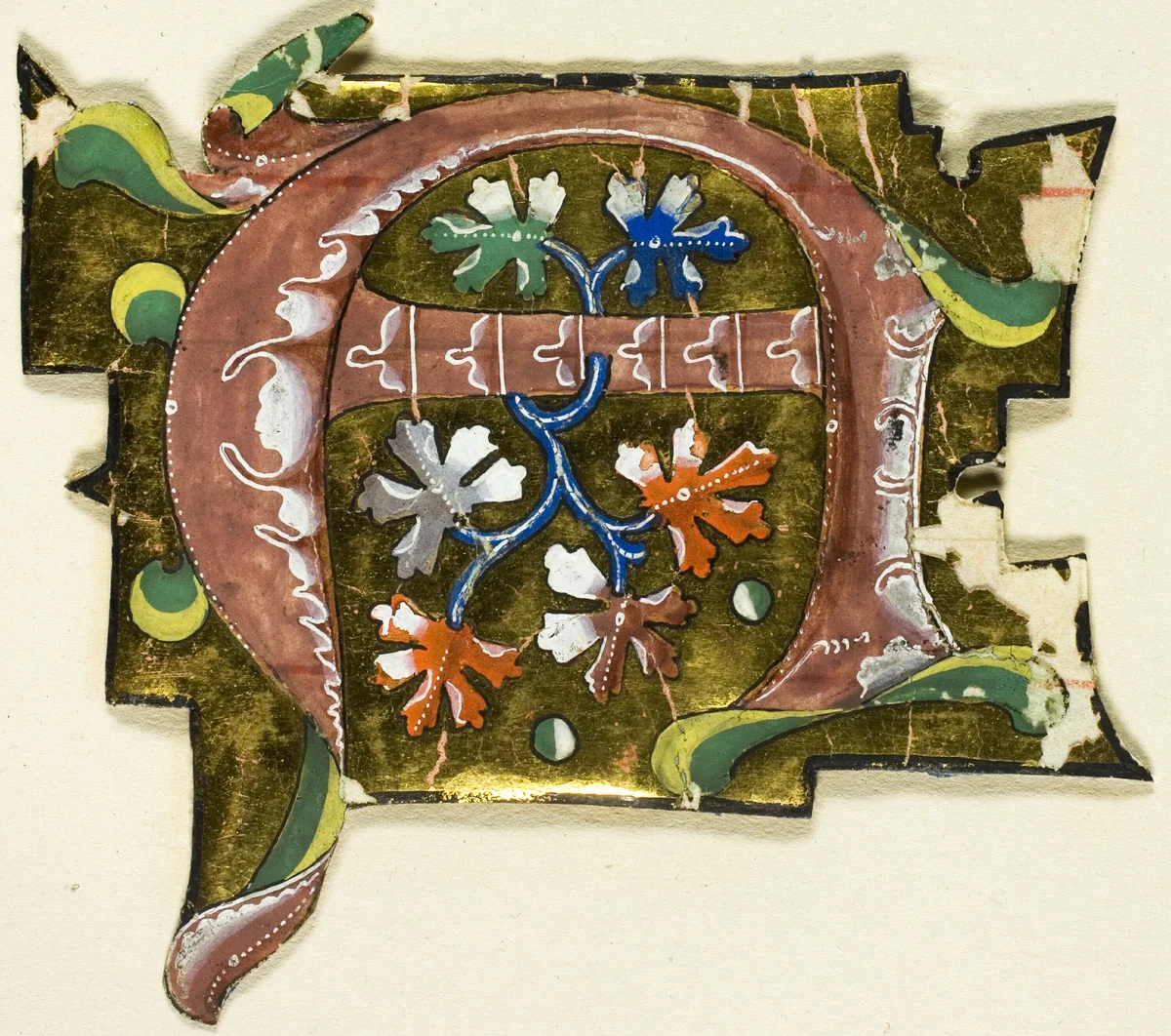 Decorated Initial "A" in Pink with Six Oak Leaves from a Manuscript by European, painting, 1301-1400
