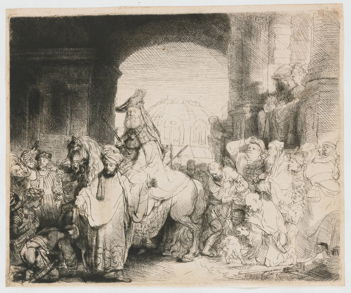 The triumph of Mordecai by Rembrandt van Rijn, print, 1641