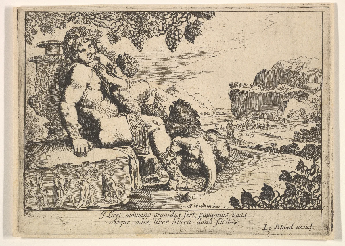 Bacchus, Satyr, and Lion by Pierre Brebiette, print, 1610-1642