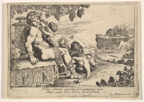 Bacchus, Satyr, and Lion by Pierre Brebiette, print, 1610-1642