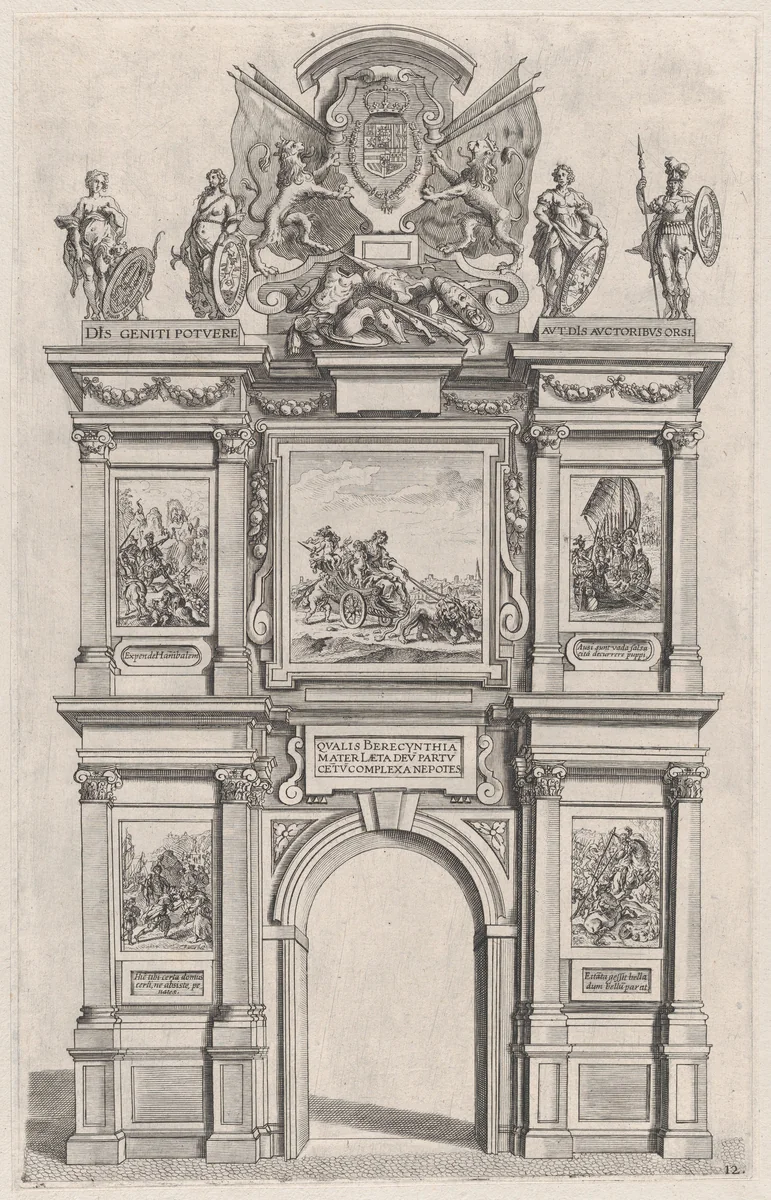 Plate 12: Triumphal arch, elevation of the back facade, surmounted with the arms of Ferdinand and decorated with five mythical or heroic scenes; from Guillielmus Becanus's 'Serenissimi Principis Ferdinandi, Hispaniarum Infantis...' by Johannes Meursius, print, 1636