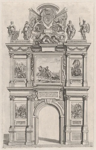 Plate 12: Triumphal arch, elevation of the back facade, surmounted with the arms of Ferdinand and decorated with five mythical or heroic scenes; from Guillielmus Becanus's 'Serenissimi Principis Ferdinandi, Hispaniarum Infantis...' by Johannes Meursius, print, 1636