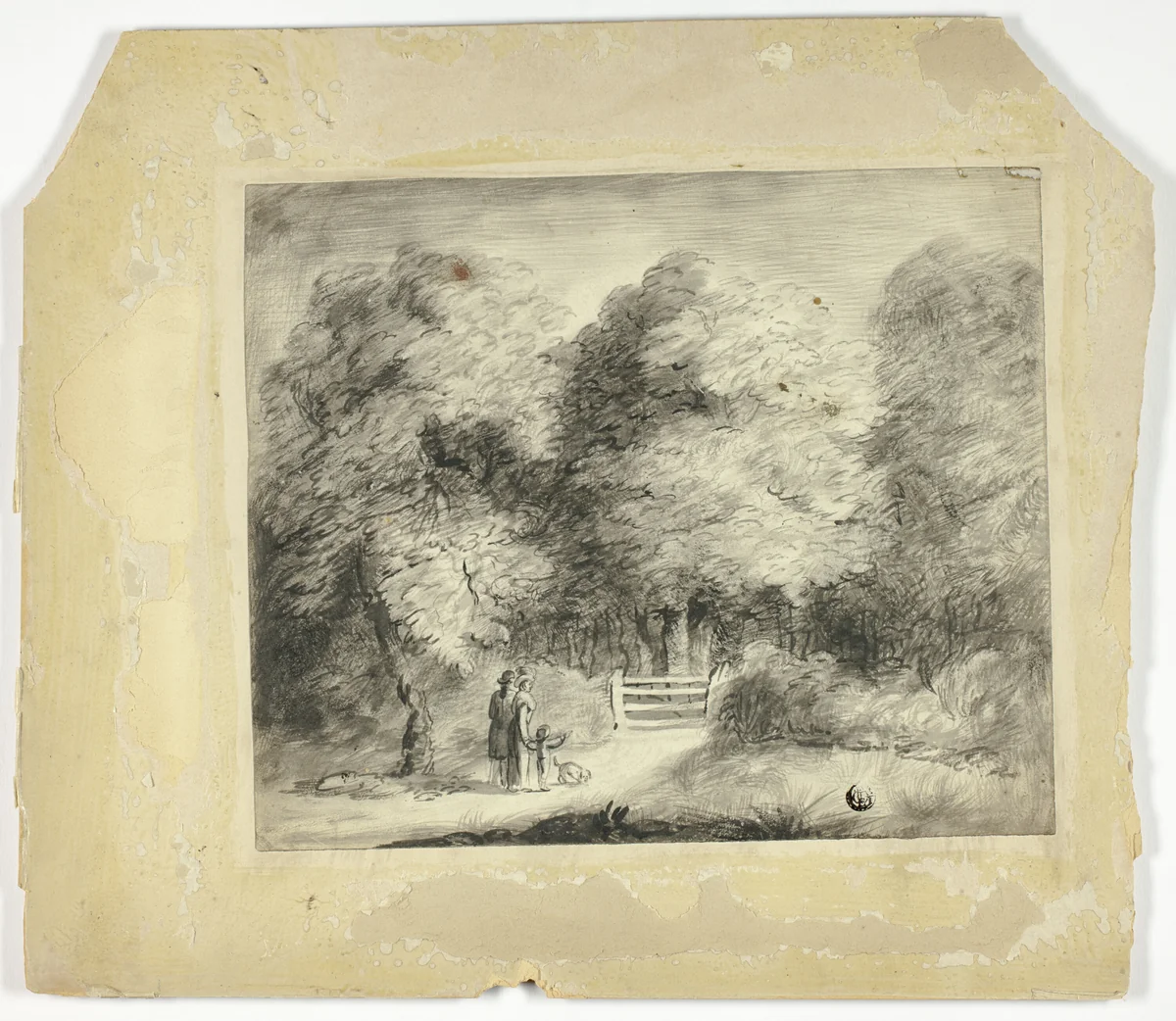 Couple with Child and Dog at Entrance to Park by Unknown Artist, drawing, 1700-1799