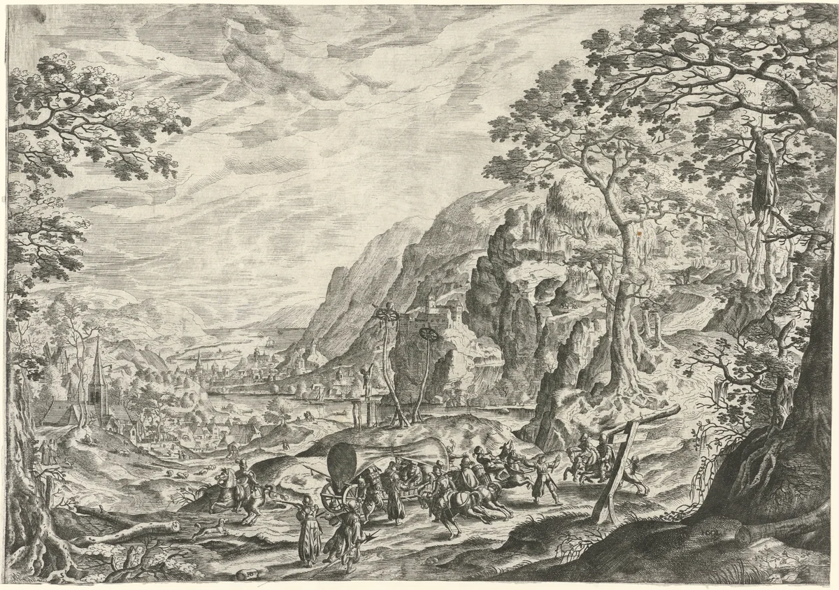 Landschap met roofoverval by Unknown, print, 1546-1588