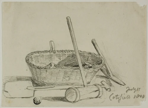 Wicker Basket, Mallet, Shovel, Pick by Joshua Cristall, drawing, 1808-1847