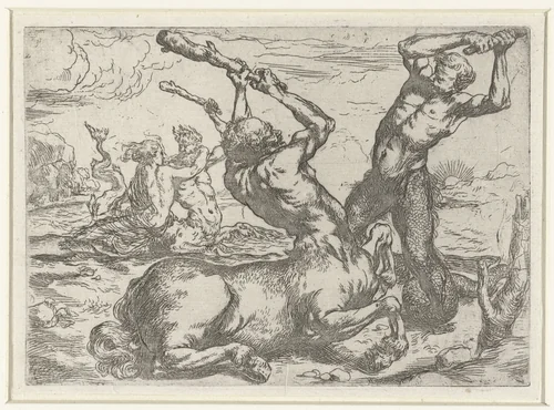 Gevecht tussen een centaur en een triton by anonymous, print, 1620-1700