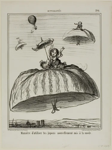 Another way to make use of the new petticoats that have lately become fashionable, plate 294 from Actualités by Honoré-Victorin Daumier, print, 1856
