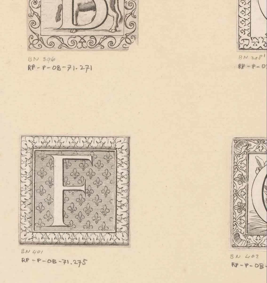 Letter F met fleurs de lis by Claude Mellan, print, 1639-1643