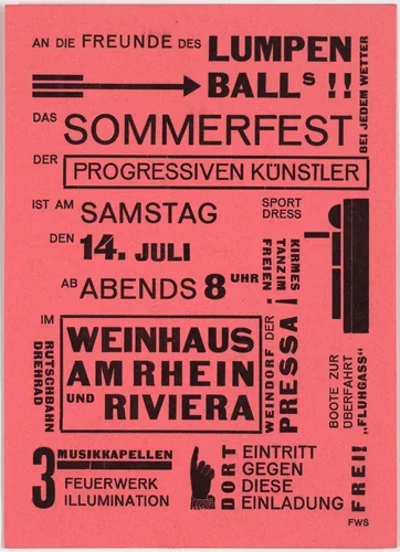 An die Freunde des Lumpenballs!! Das Sommerfest der progressiven Künstler ist am Samstag den 14. Juli by Franz Wilhelm Seiwert, design, 1928