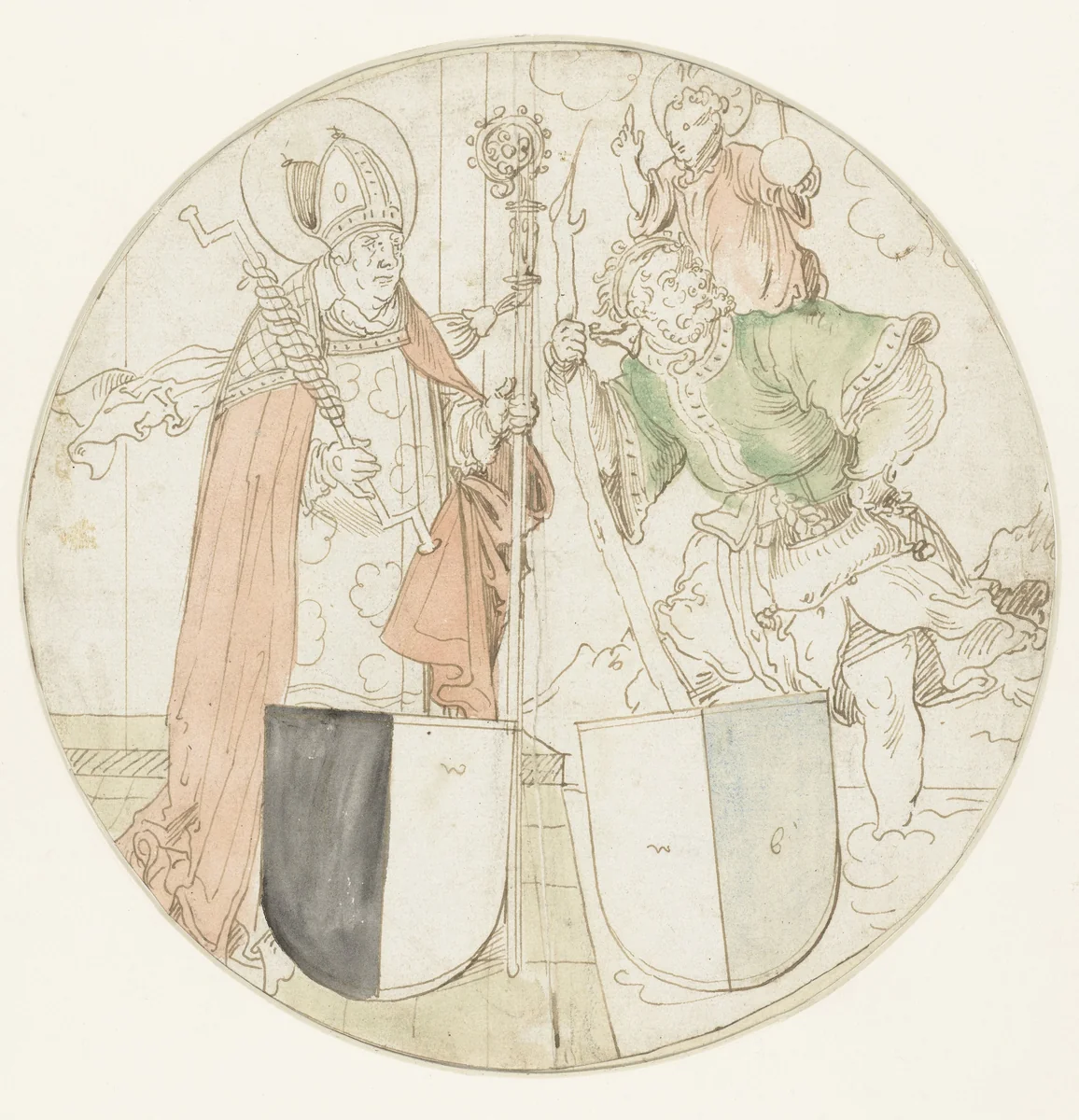 Heiligen Christophorus en Erasmus, elk met een wapenschild by Unknown, drawing, 1510-1550