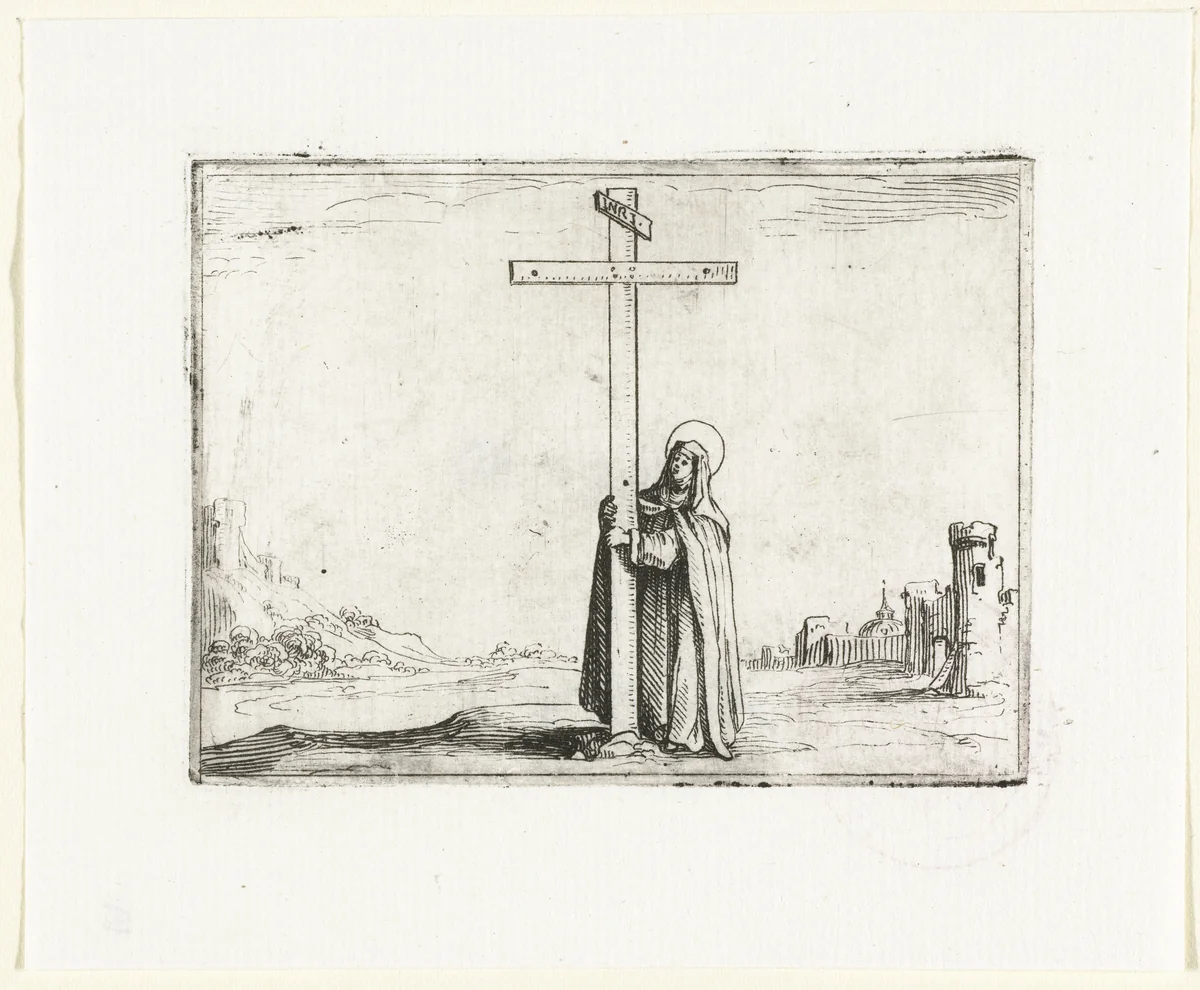 Vrouwelijke heilige bij het kruis by Jacques Callot, print, 1621-1635