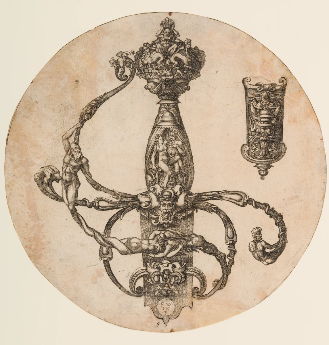 Design for a Rapier Hilt and Scabbard Chape by Pierre Woeiriot, print, 1555