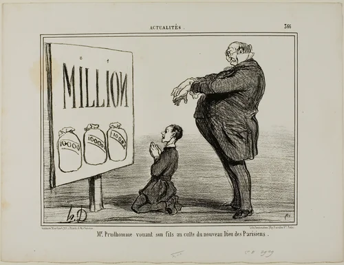 Mr. Prudhomme dedicating his son to the new God of the Parisians, plate 366 from Actualités by Honoré-Victorin Daumier, print, 1857