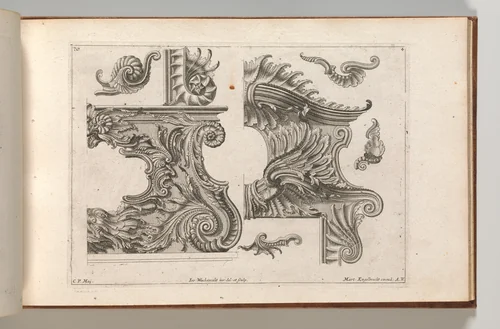 Suggestion for the Decoration of the Lower and Top Right of a Frame, Plate 4 from: 'Unterschidliche Auszierungen zu Thüren und Fenster, etc. etc. sehr nutzlich zu gebrauchen' by Jeremias Wachsmuth, book, 1745-1755