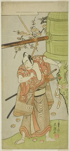 The Actor Ichikawa Yaozo II as Yoshimine no Munesada in the Play Kuni no Hana Ono no Itsumoji, Performed at the Nakamura Theater in the Eleventh Month, 1771 by Ippitsusai Buncho, print, 1766-1776