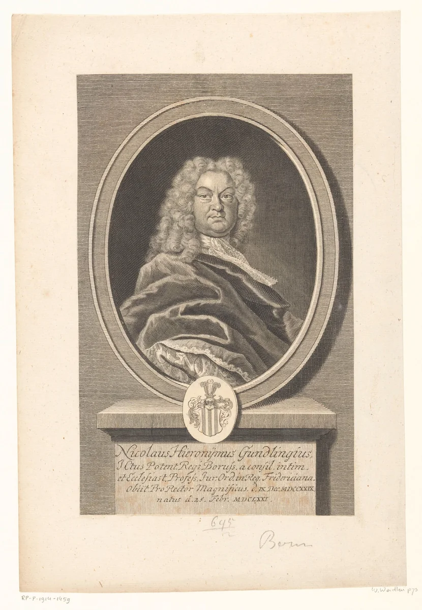 Portret van Nicolaus Hieronymus Gundling by Martin Bernigeroth, print, 1729-1733