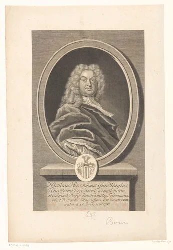 Portret van Nicolaus Hieronymus Gundling by Martin Bernigeroth, print, 1729-1733
