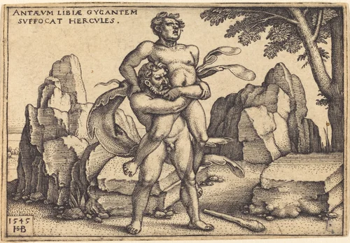 Hercules Killing Antaeus by Sebald Beham, print, 1545