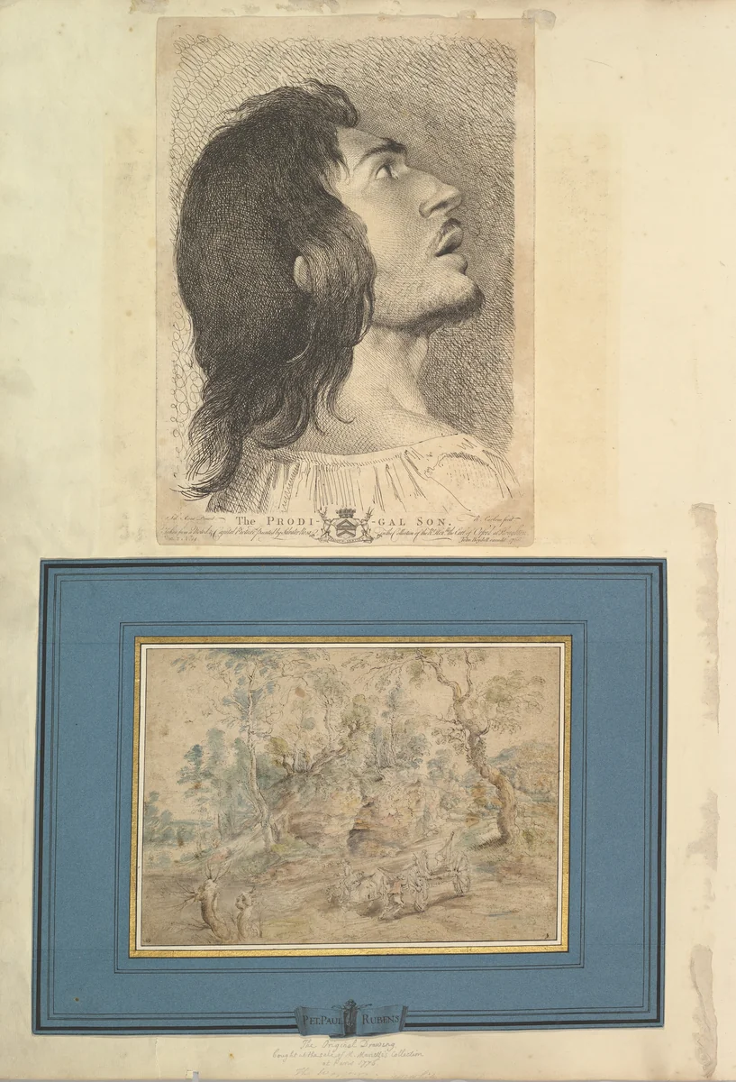 Leaf from Aedes Walpolianae mounted with a print and a drawing (a): Head in Profile of Prodigal Son; (b): The Wagonner (after Peter Paul Rubens) in Jean-Paul Mariette mount by Richard Earlom, drawing, 1620-1766