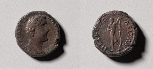 As: Head of Antoninus Pius (obverse); Apollo Sauroktonos (reverse) by Unknown, metalwork, 138-161