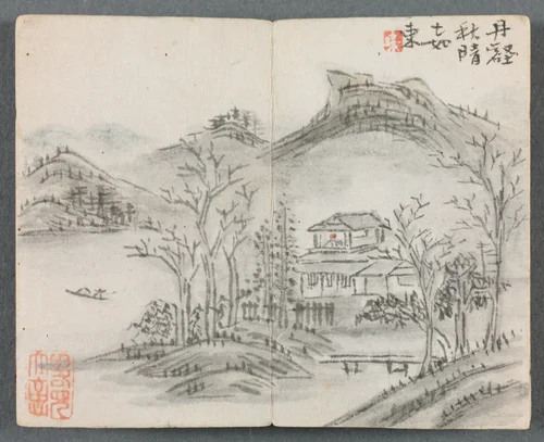 Miniature Album with Figures and Landscape (Landscape with Hill, House, Boat and Bridge) by Zeng Yandong, painting, 1822