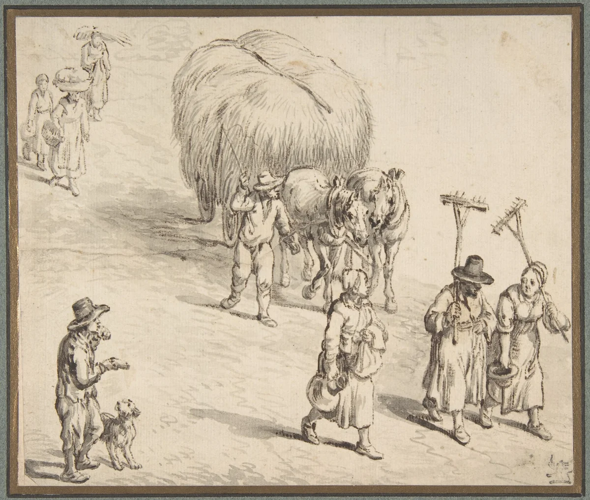 Peasants and Hay Wagon on a Country Road by Jan Brueghel, drawing, 1580-1625