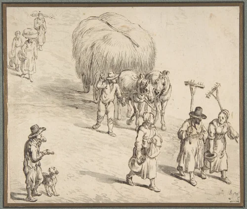 Peasants and Hay Wagon on a Country Road by Jan Brueghel, drawing, 1580-1625